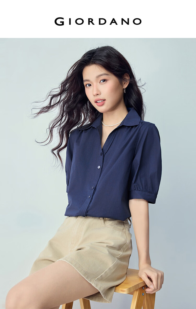 Giordano 2026 Summer Pure Cotton Loose Seagull Collar V-Neck Puff Sleeve Short Sleeve Shirt for Women 13346212 3