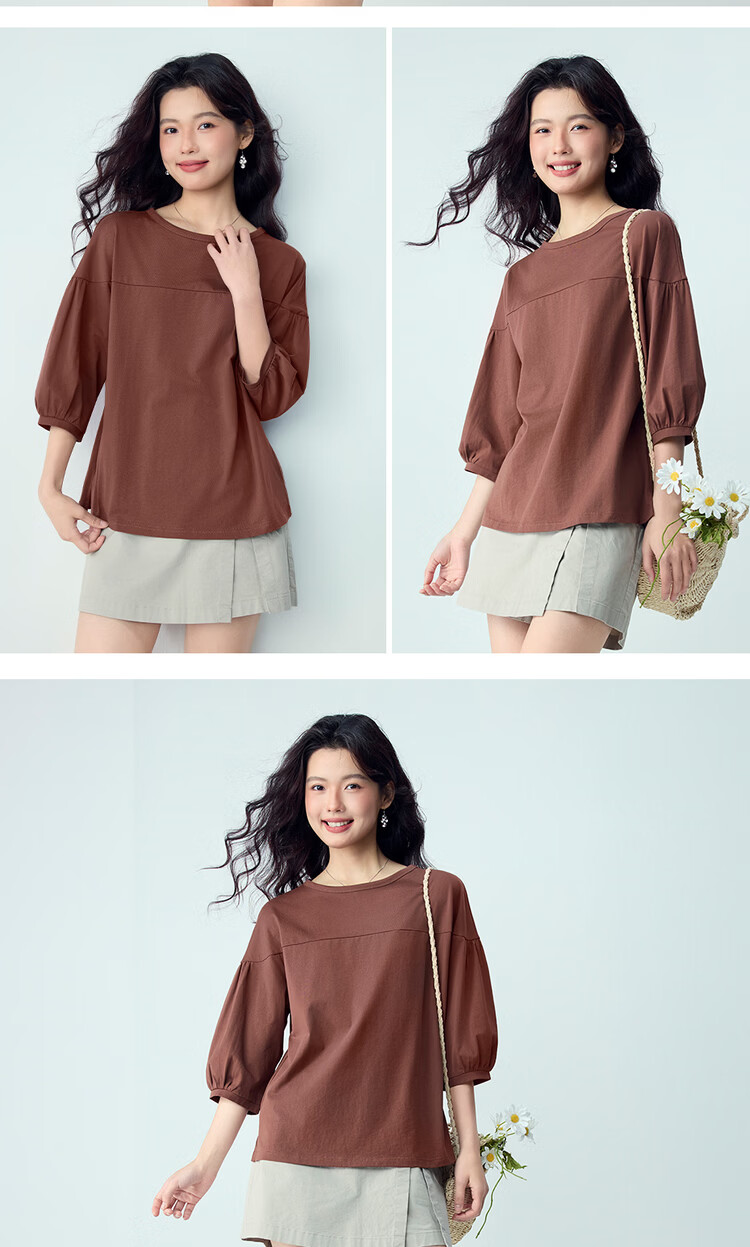 Giordano Women's Three-Quarter Sleeve T-Shirt, New Style, Pure Cotton, Solid Color, Loose Fit, Round Neck, Lantern Sleeves, Top, 13326210 10