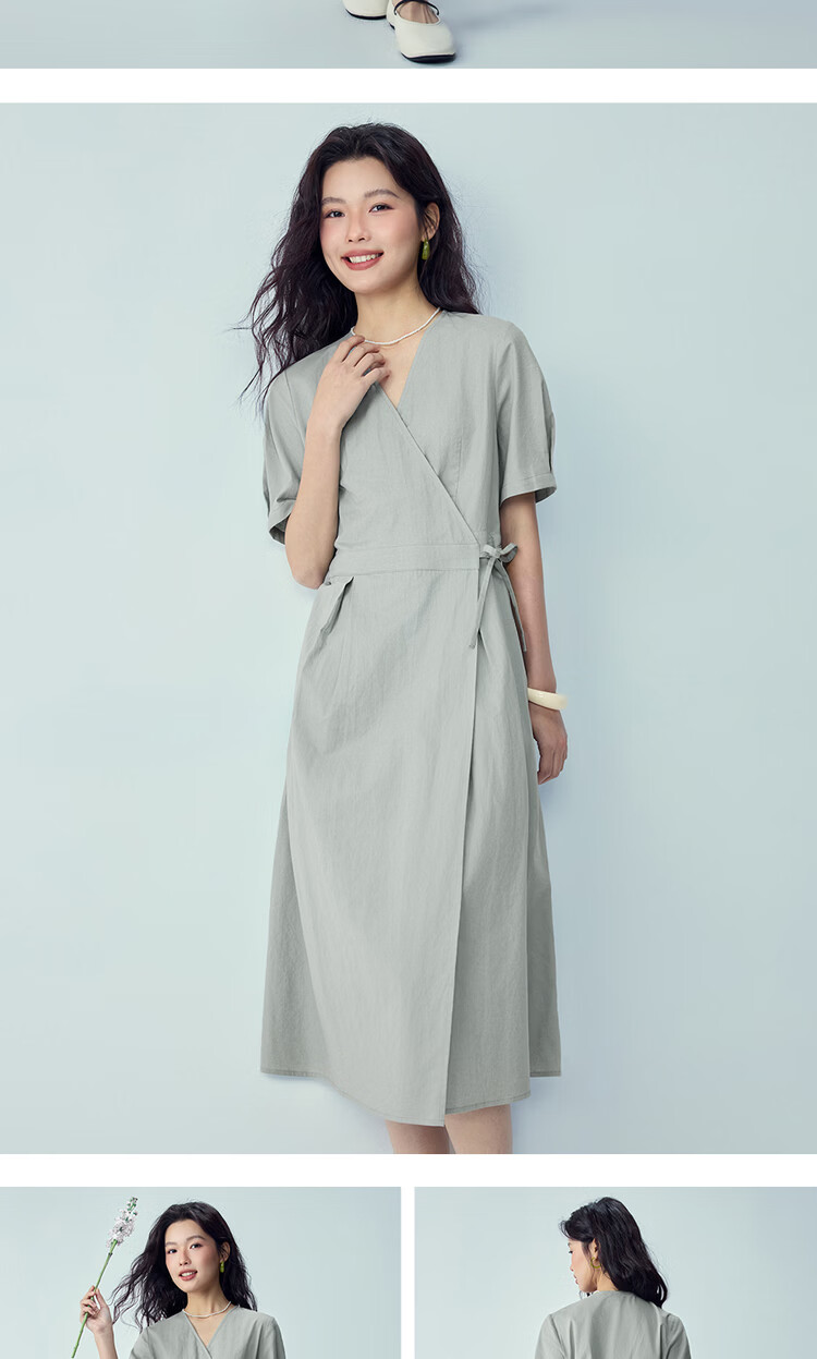 Giordano Women's Summer New Cotton Linen Patchwork Tie V-Neck Short Sleeve Dress 05466328 12