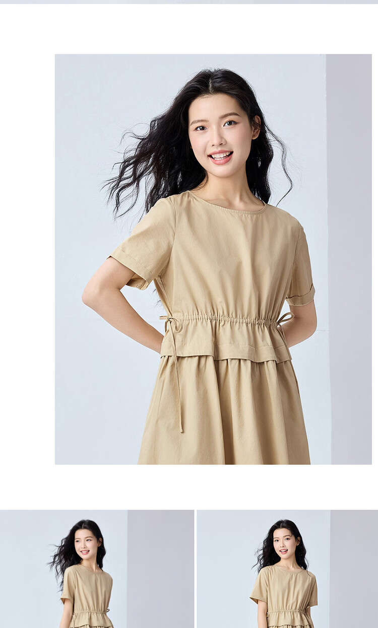 Giordano Women's New Pure Cotton Poplin Fake Two-Piece Drawstring Waist Slim Fit Round Neck Dress 05464330 14