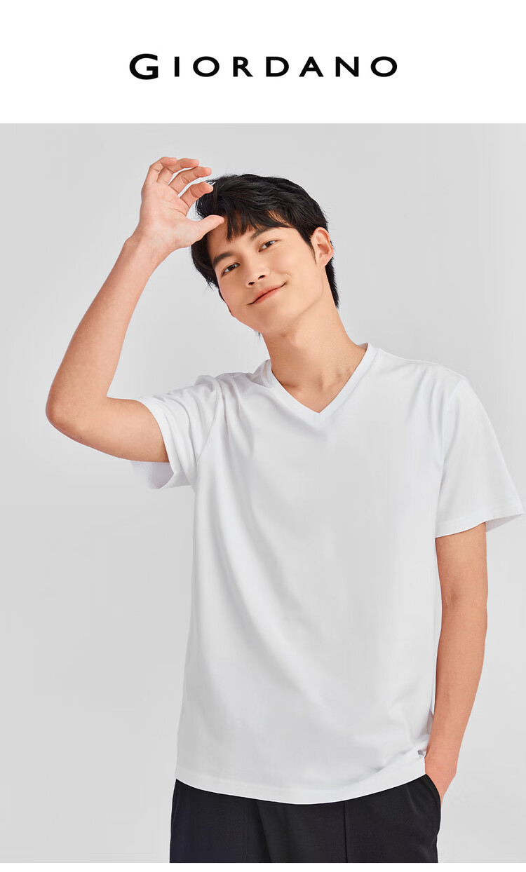 Giordano Men's Short Sleeve T-Shirt 2026 Summer New Skin-Friendly Pure Cotton Solid Color V-Neck Casual Top 01026416 3
