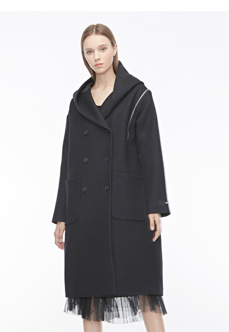 sdeer女冬连帽双排扣拉链拼接字母纯黑大衣s19481837 黑色/91 m/165