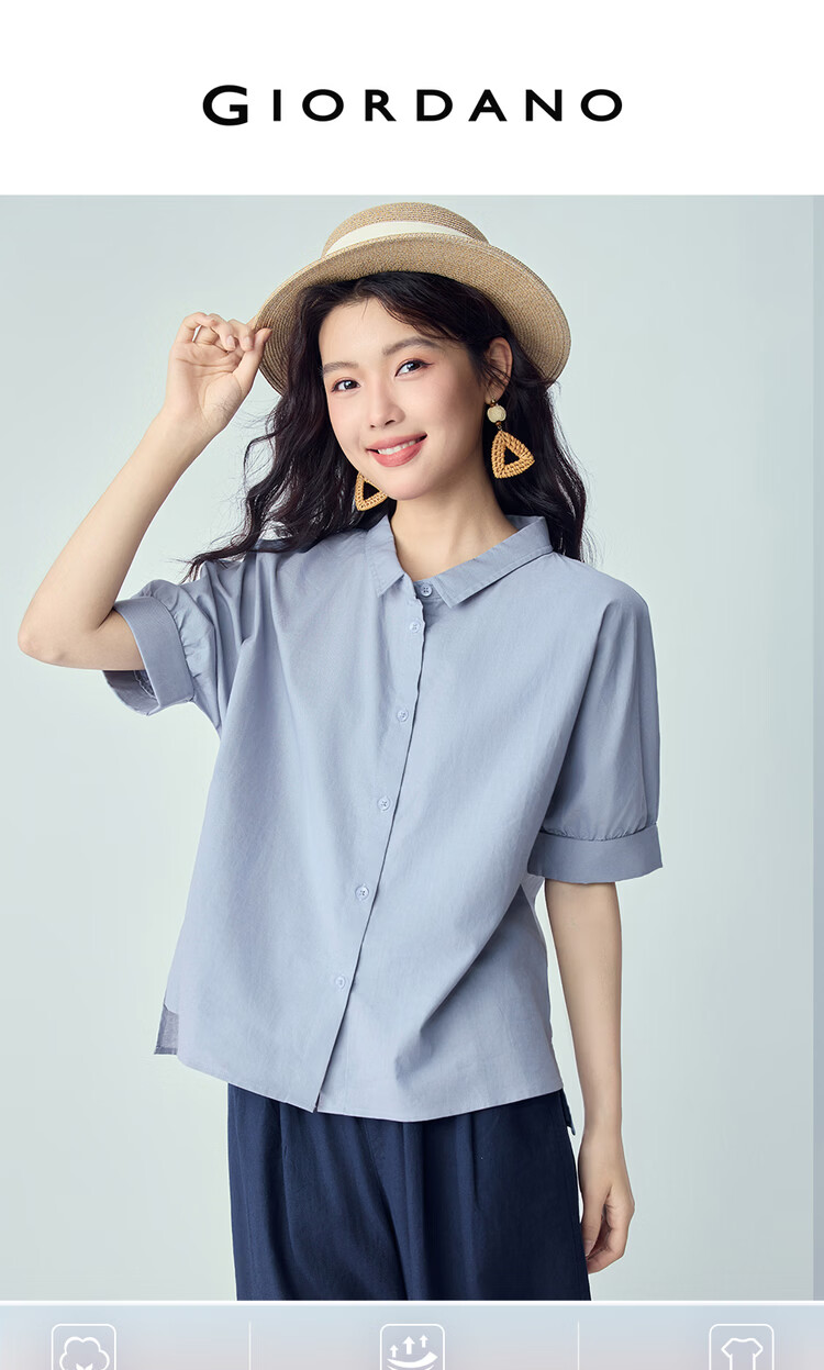 Giordano 2026 Summer New Cotton Linen Small Turn-down Collar Asymmetric Hem Linen Shirt for Women Short Sleeve 13346237 3