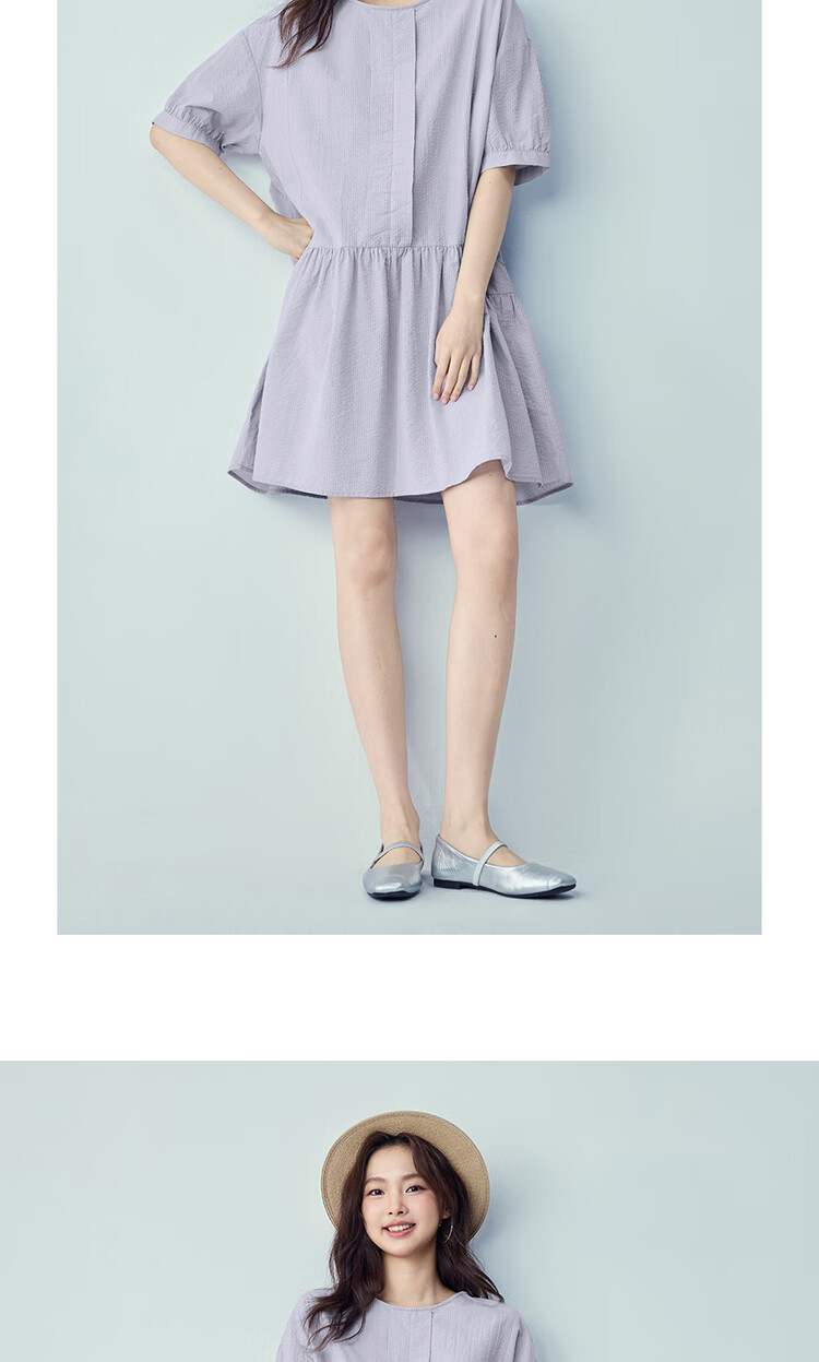 Giordano Women's Dress 2026 Summer Puff Wrinkle Pleated Round Neck Spliced Hem Dress 05466061 17