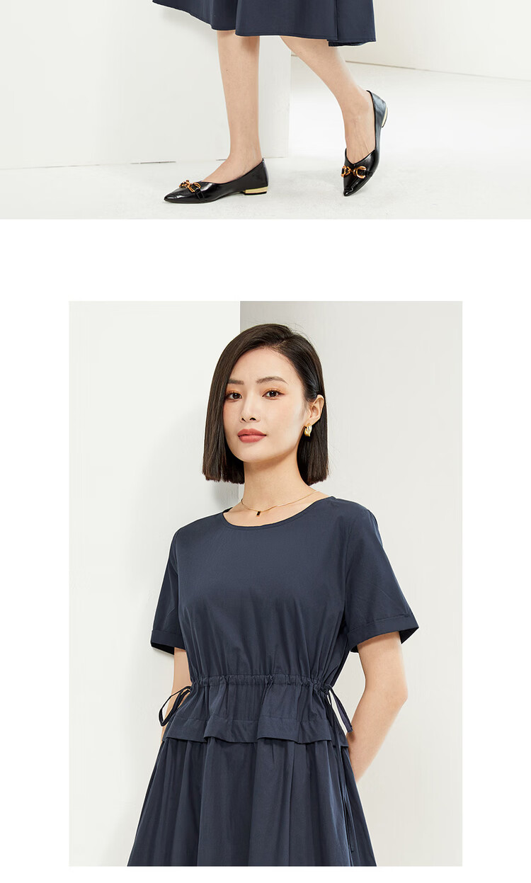 Giordano Women's New Pure Cotton Poplin Fake Two-Piece Drawstring Waist Slim Fit Round Neck Dress 05464330 16