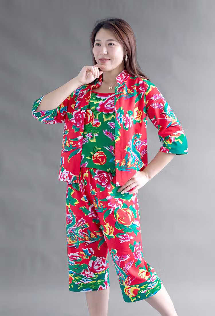 东北大花布衣服 聚会搞笑姐妹装 村姑女民族风舞蹈演出服棉绸套装