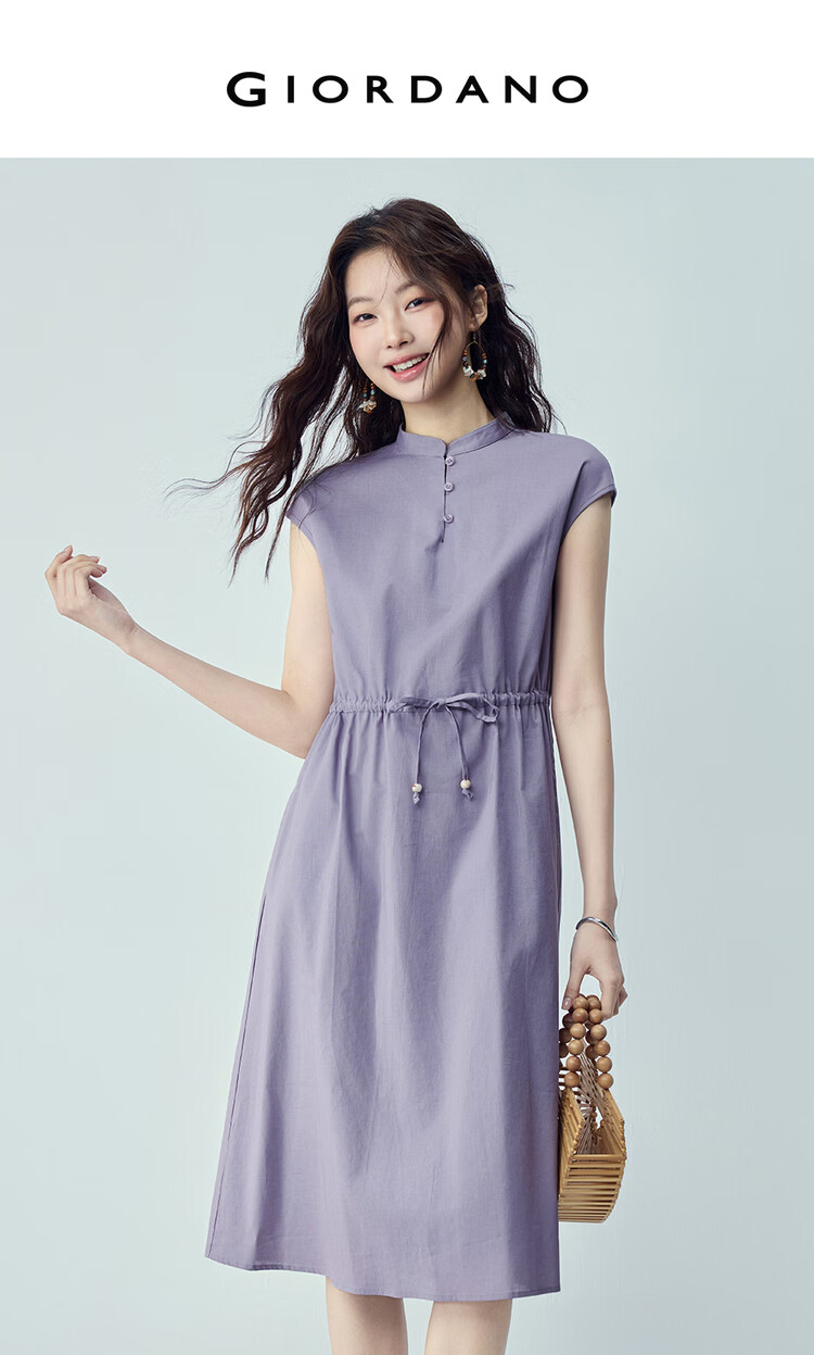 Giordano Women's Summer New Cotton Linen Tie Waist Stand Collar Short Sleeve Dress 05466327 3