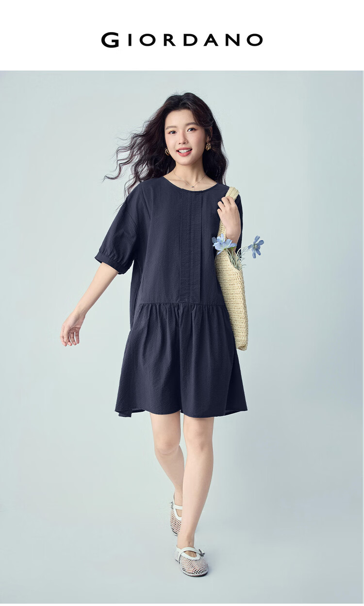 Giordano Women's Dress 2026 Summer Puff Wrinkle Pleated Round Neck Spliced Hem Dress 05466061 3
