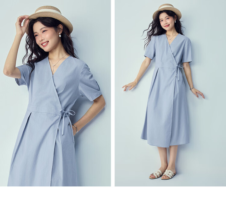 Giordano Women's Summer New Cotton Linen Patchwork Tie V-Neck Short Sleeve Dress 05466328 15