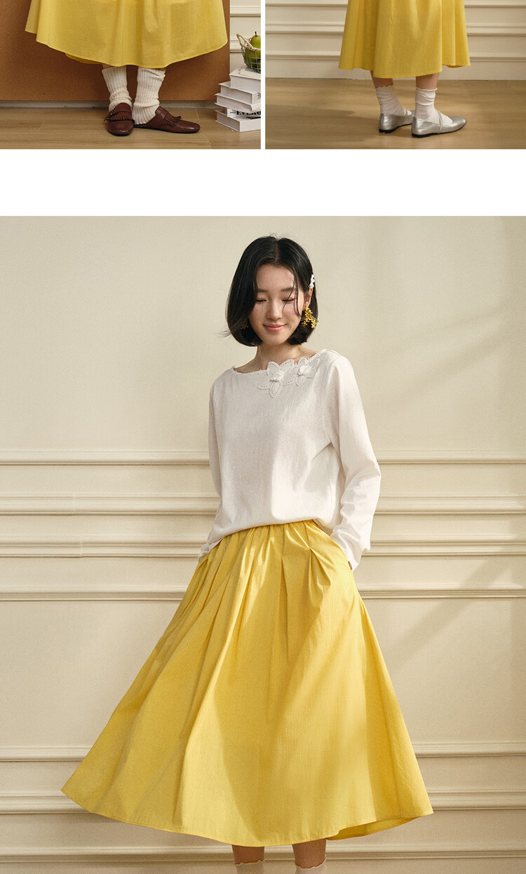 Giordano Designer Pleated Flared Skirt Women's 2026 Summer Yellow Elastic Waist Skirt 18466204 13