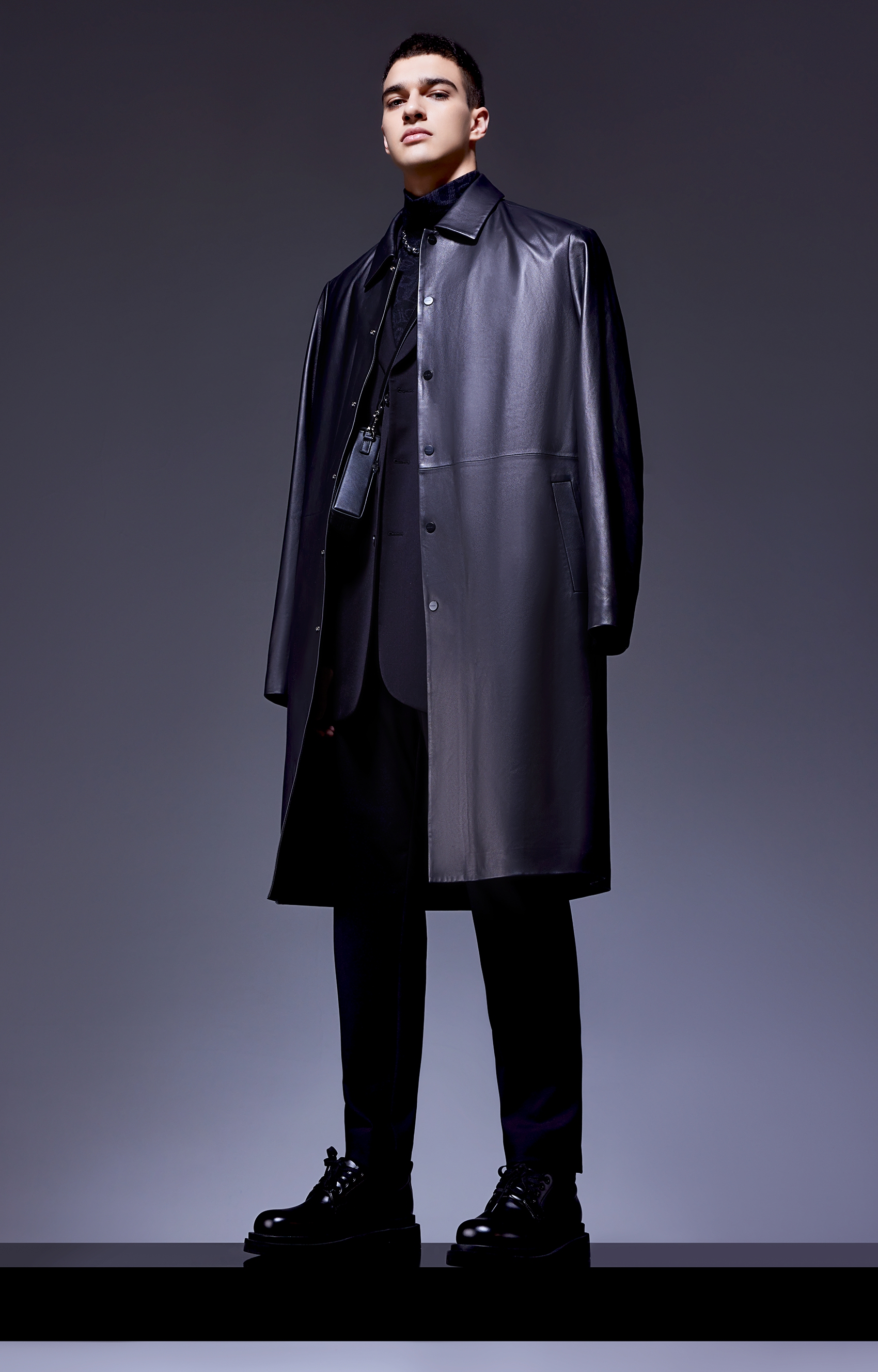 trendiano潮牌2021新款秋冬中长款翻领皮衣外套男3ne3315090黑色090m