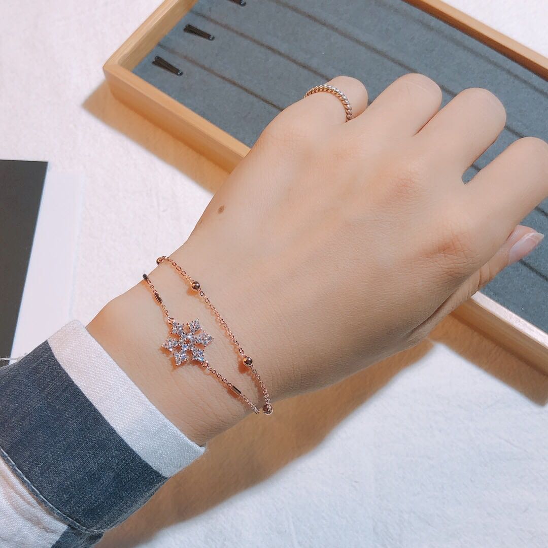 首饰925银双层雪花手链电镀玫瑰金新款简约时尚 雪花玫瑰金