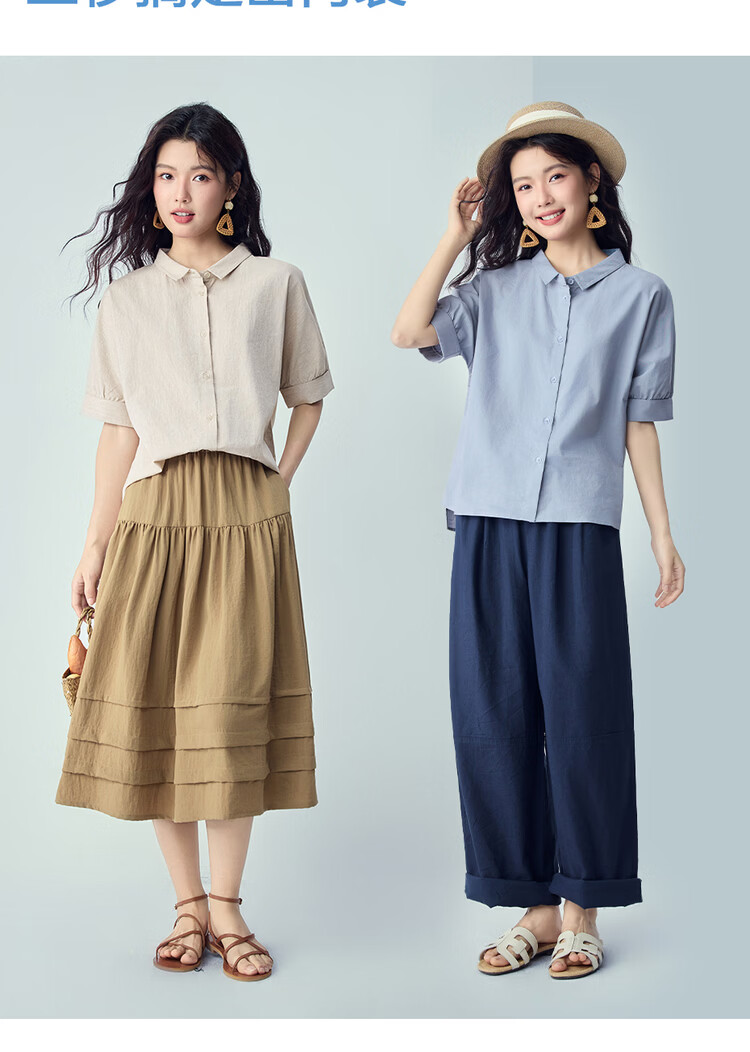 Giordano 2026 Summer New Cotton Linen Small Turn-down Collar Asymmetric Hem Linen Shirt for Women Short Sleeve 13346237 10