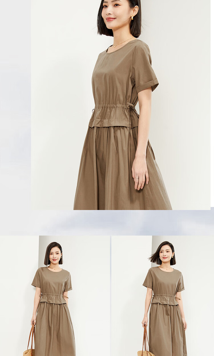 Giordano Women's New Pure Cotton Poplin Fake Two-Piece Drawstring Waist Slim Fit Round Neck Dress 05464330 10