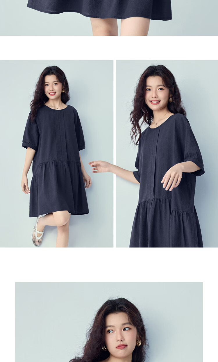 Giordano Women's Dress 2026 Summer Puff Wrinkle Pleated Round Neck Spliced Hem Dress 05466061 11