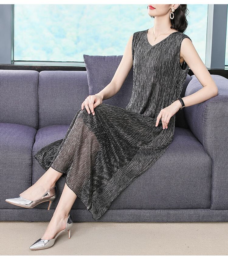 恒源祥中年时尚真丝连衣裙重磅洋气大码反季2019春夏大牌无袖过膝长裙