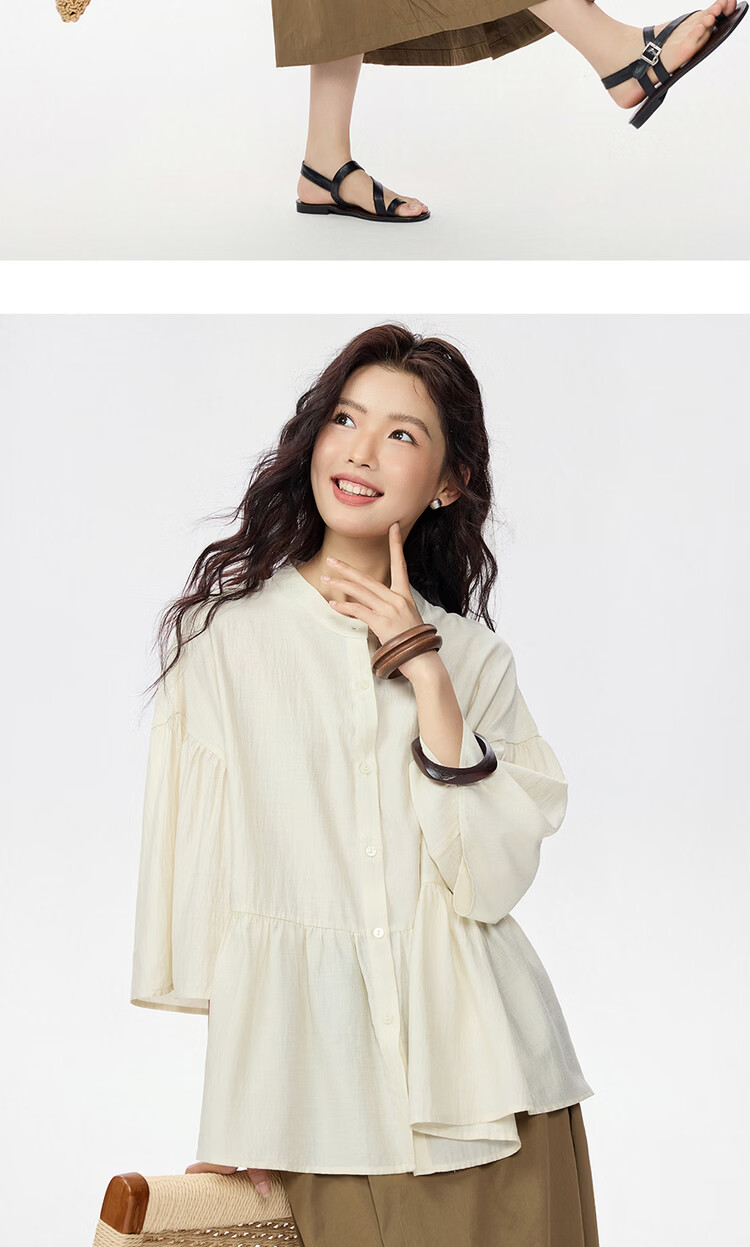 Giordano Women's Ruffle Collar Shirt, 2026 New Style, Stand-Up Collar, Three-Quarter Flared Sleeves, Loose Fit, Doll Collar Top, 13345851 11