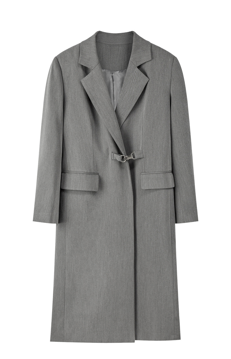 chuu气质灰色长款西装女2021秋季新款潮流时尚西服宽松长袖外套 灰色