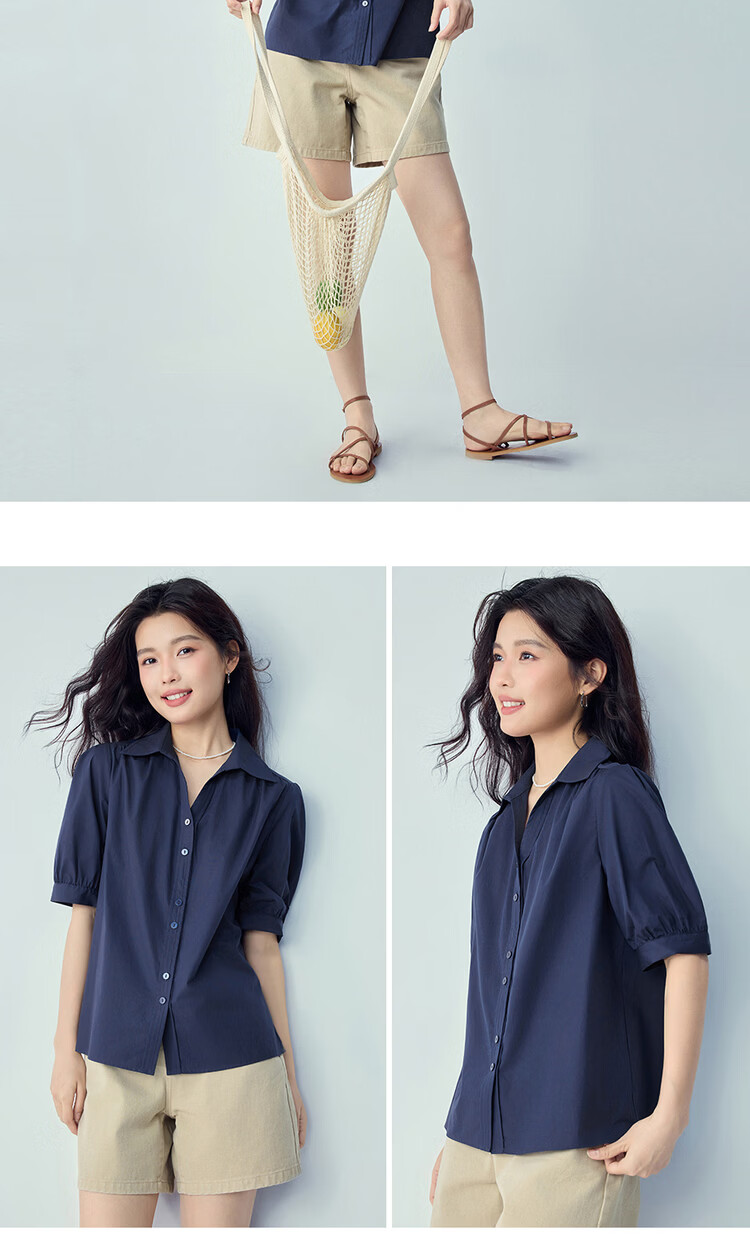 Giordano 2026 Summer Pure Cotton Loose Seagull Collar V-Neck Puff Sleeve Short Sleeve Shirt for Women 13346212 12