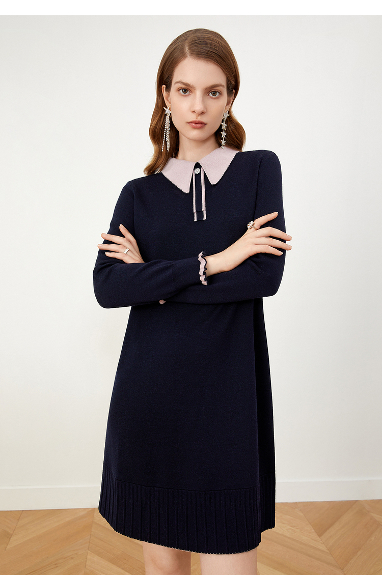 yiner音儿女装2021冬季新款撞色翻领羊毛针织连衣裙藏蓝44