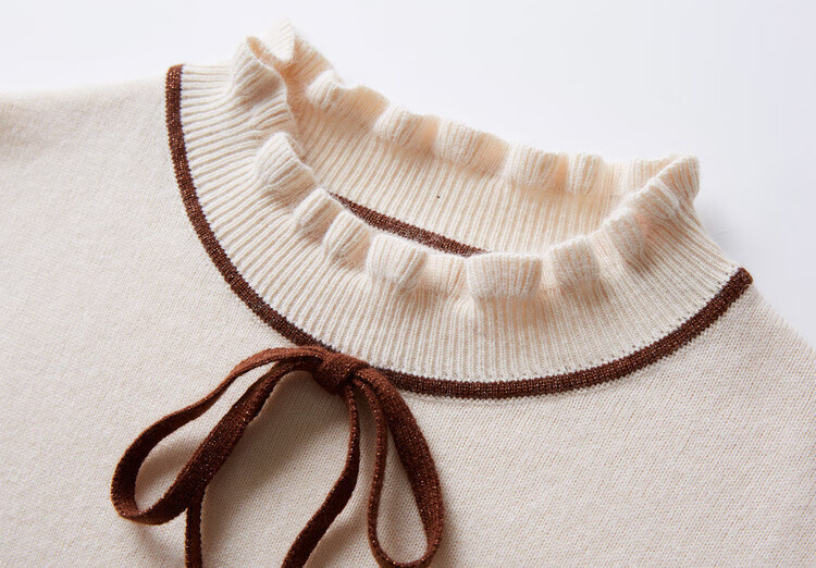 红袖毛衣冬季新款木耳边半高领针织衫撞色喇叭袖套头毛衫针织衫 橘粉