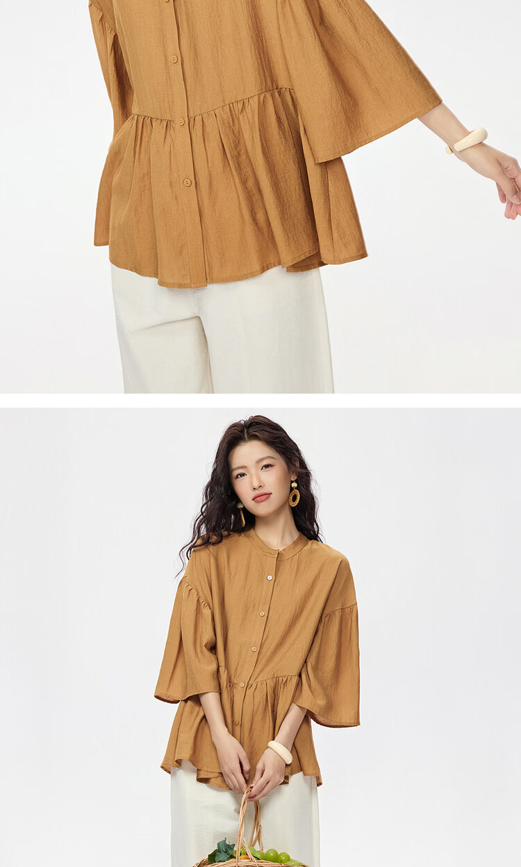 Giordano Women's Ruffle Collar Shirt, 2026 New Style, Stand-Up Collar, Three-Quarter Flared Sleeves, Loose Fit, Doll Collar Top, 13345851 14