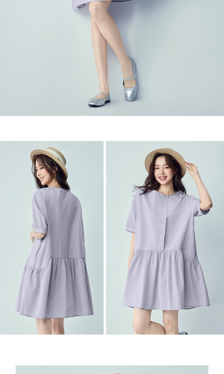 Giordano Women's Dress 2026 Summer Puff Wrinkle Pleated Round Neck Spliced Hem Dress 05466061 15