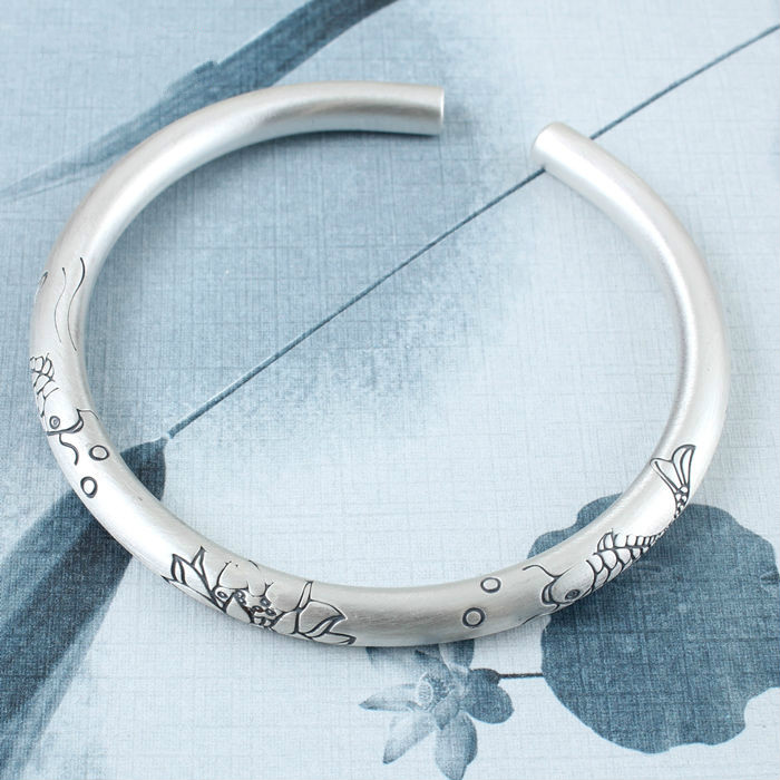 银手镯开口复古圆条手镯如意金箍棒手环情侣男士女设计镯子饰品 36克