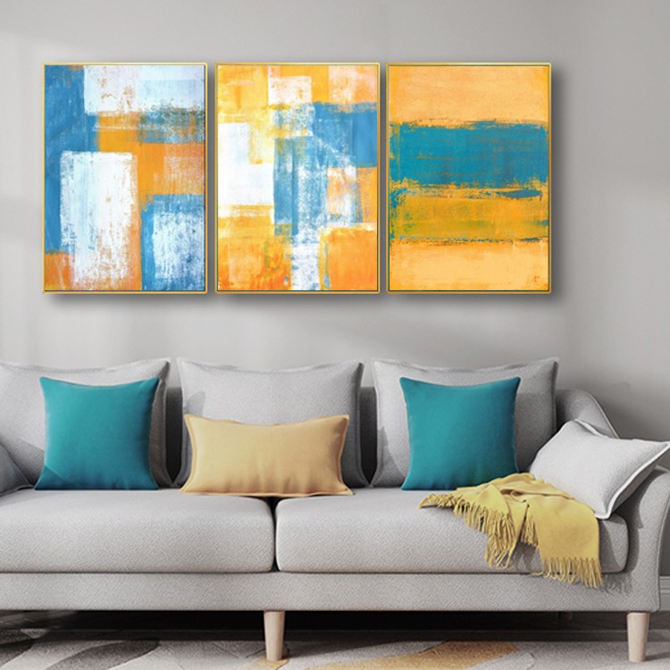 客厅三联背景墙挂画橘色装饰画现代风格温馨壁画纯手工油画小清新沙发