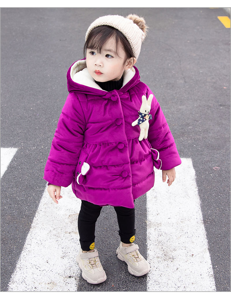 中小童儿童棉服宝宝金丝绒棉袄小女孩加绒加厚保暖连帽中长款1-7岁 紫