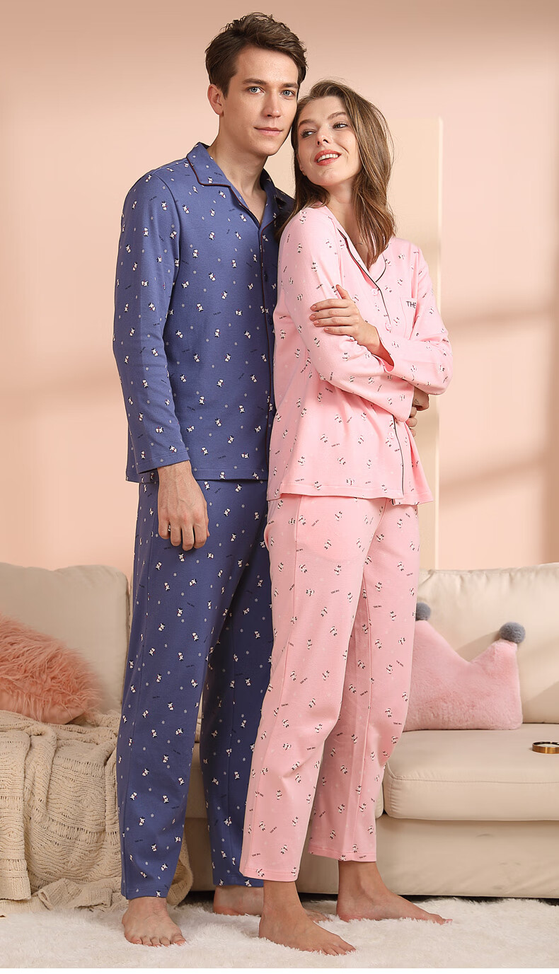 意大莱2019情侣睡衣家居服男女士纯棉国民领卡通长袖家居服秋冬套装