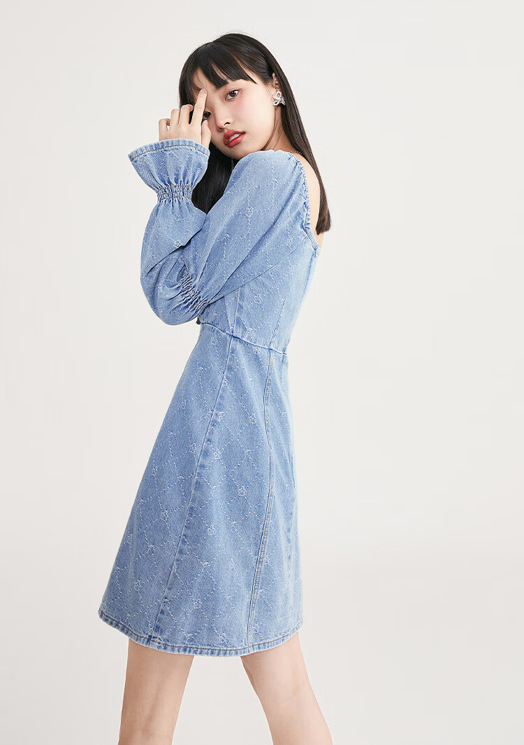 【新品】乐町方领牛仔连衣裙2021夏季新款甜美连衣裙女宽松小众 牛仔