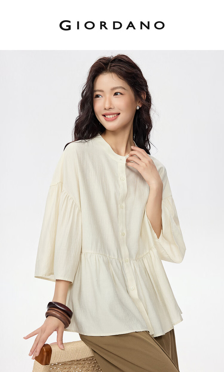 Giordano Women's Ruffle Collar Shirt, 2026 New Style, Stand-Up Collar, Three-Quarter Flared Sleeves, Loose Fit, Doll Collar Top, 13345851 3