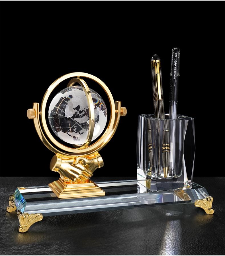 办公室高端笔筒 桌面大气收纳摆件创意水晶地球仪透明公司办公台办公