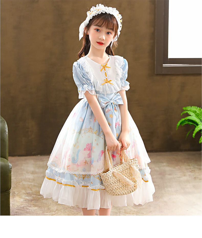 912岁夏装小女孩萝莉塔公主裙洋装萝莉塔夏装橦华1255紫短袖发箍140