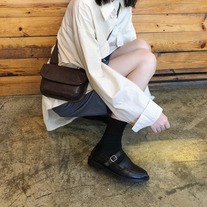 ins小皮鞋女2019秋季新款洋气百搭软皮英伦风网红chic一脚蹬单鞋 黑色