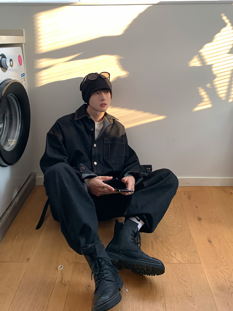 牛仔工装连体裤男春秋潮牌ins宽松直筒一套搭配帅气套装秋装衣服 黑色