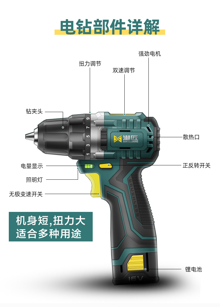 湘利充電手鑽湘匠9002小鋼炮湘利無刷電鑽充電式短手鑽小鋰電鑽多功能