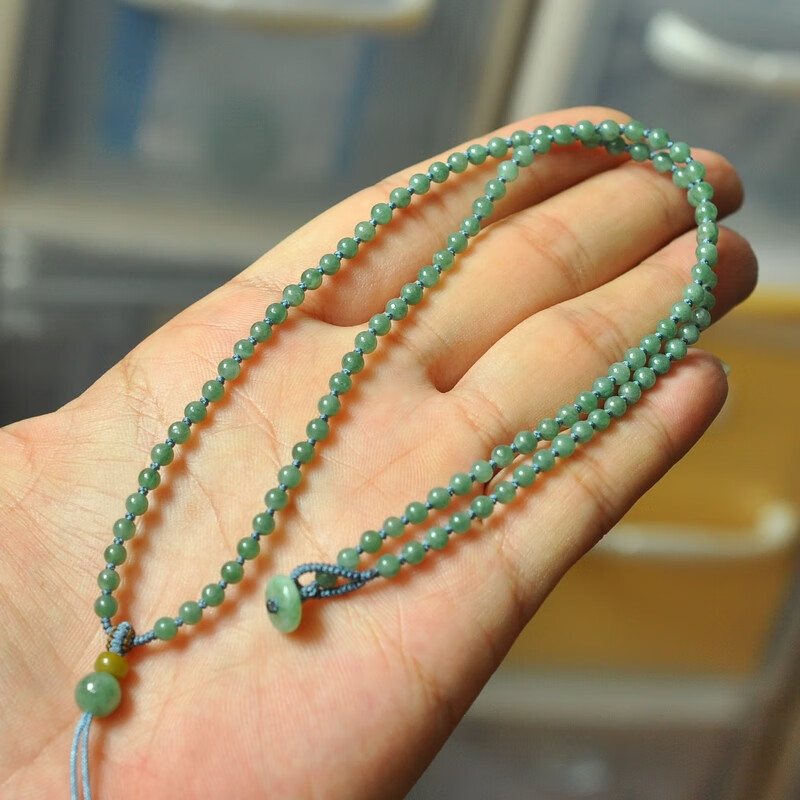 保真缅甸翡翠冰油豆瓜绿小米珠手编项链挂绳锁骨链 套头款62cm中长
