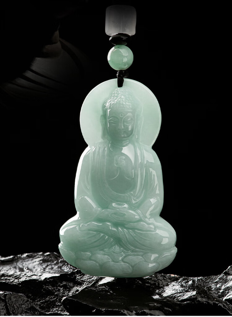 紫烟珠宝缅甸a货翡翠浅绿立体阿弥陀佛玉石吊坠挂件配证书礼盒 浅绿阿