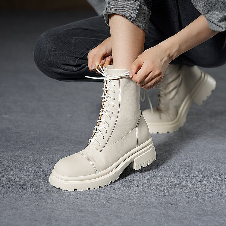 绑带马丁靴女英伦风学生厚底增高粗跟短靴女秋冬单靴百搭系带防水台