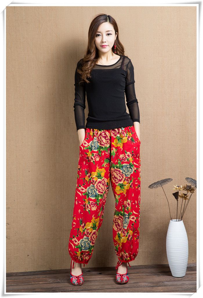 民族服装女夏装花裤子女士薄款广场舞服装裤东北大花民国风女裤子棉麻