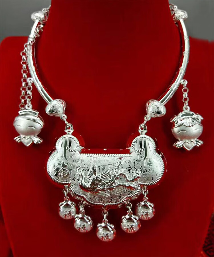 s999银项圈银锁 宝宝婴儿百岁周岁项链复古颈圈长命锁 墨绿色 70g长命