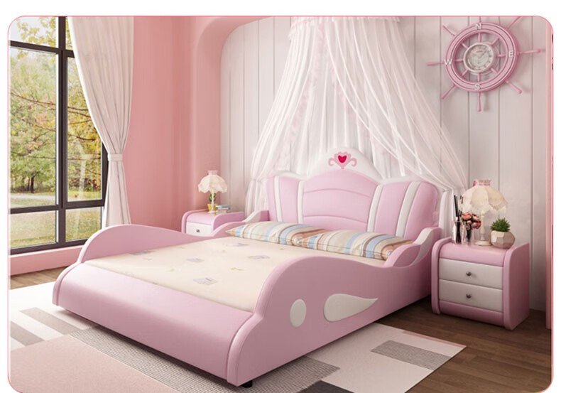 鹿卡森儿童床女孩粉色皇冠床公主床单人床带护栏小床1215皮床卡通可爱