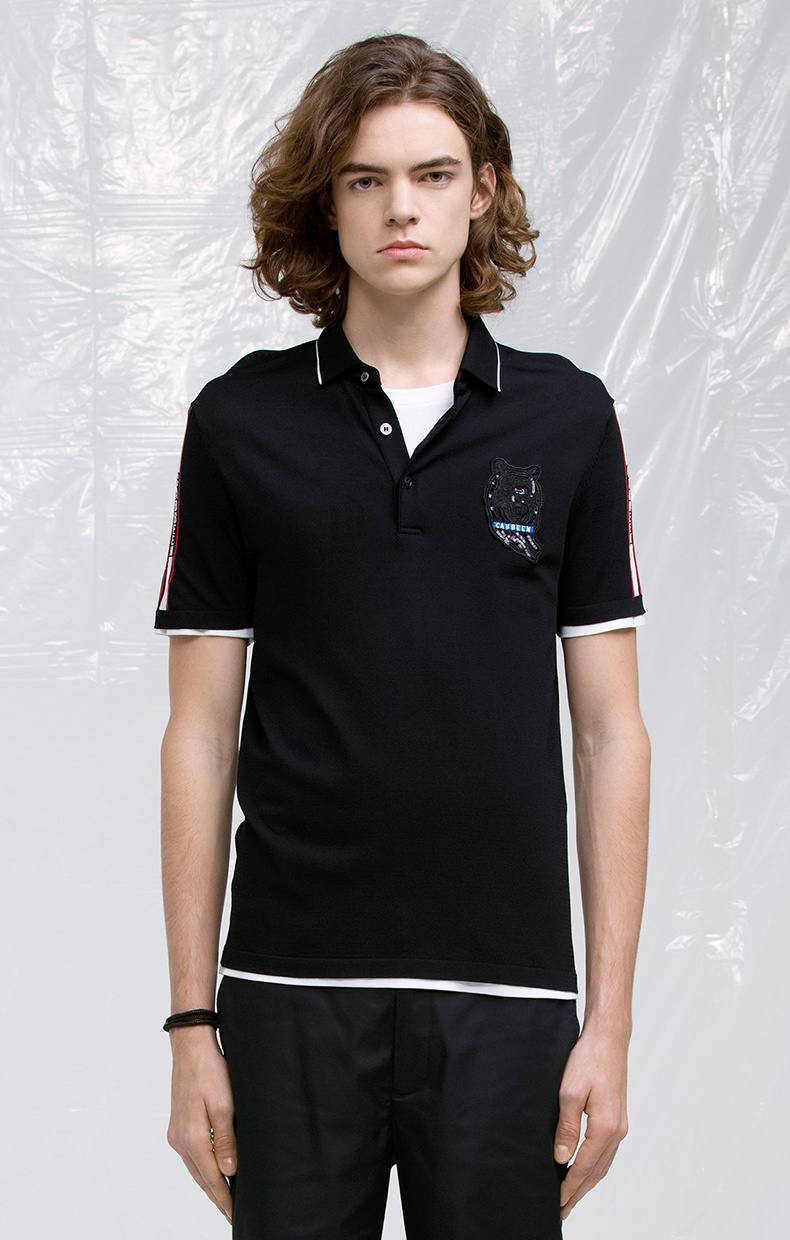 卡宾男装动物刺绣字母翻领短袖休闲针织衫街头青年半截袖潮牌夏b 煤