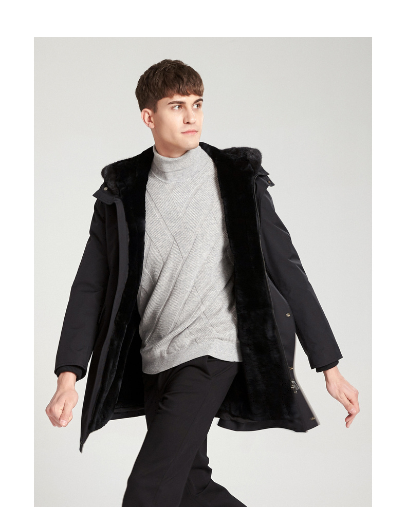 boni堡尼中青年尼克服男水貂毛领商务休闲男士兔毛加厚外套黑175