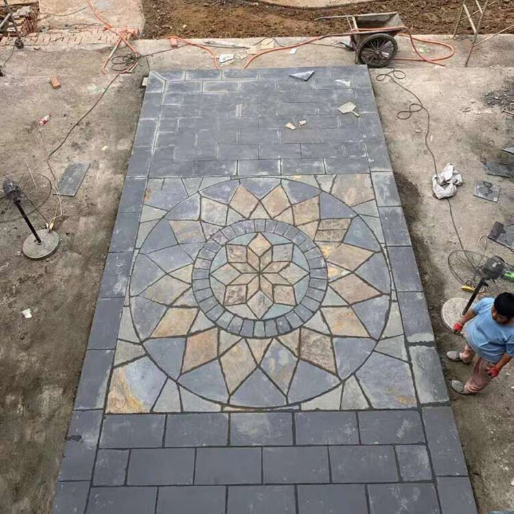 户外文化石圆拼花天然青石板地砖户外文化石圆拼花庭院室外院子风水盘