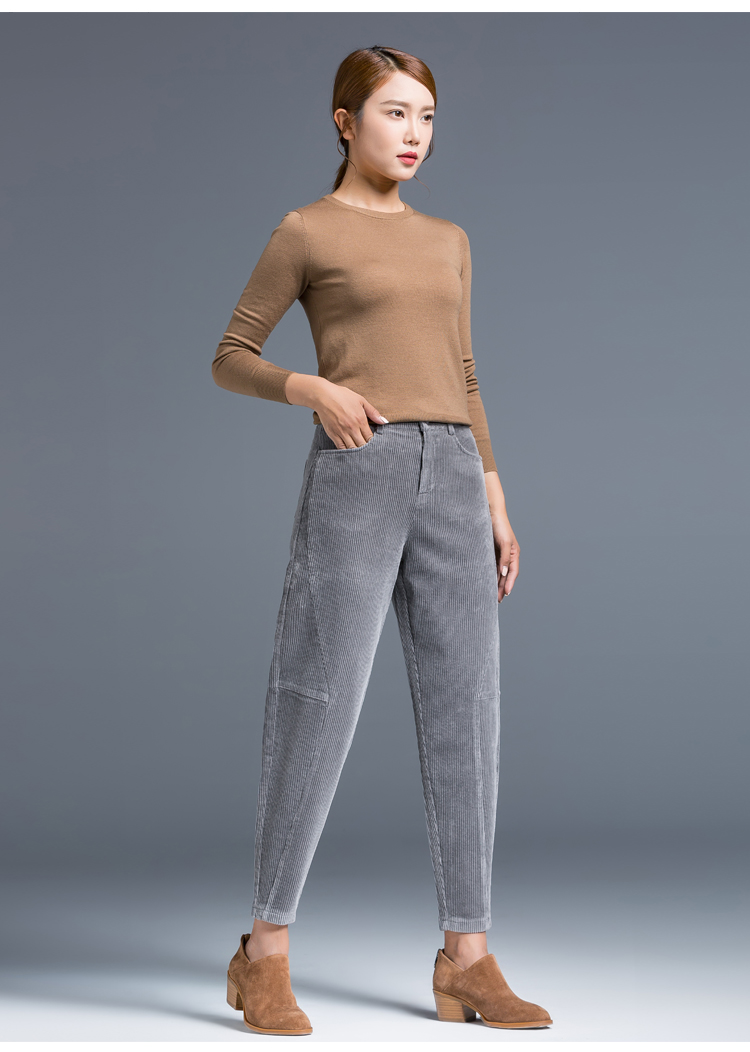 条绒裤子女2019新款秋冬哈伦裤萝卜裤宽松显瘦休闲加绒灯芯绒女裤 咖