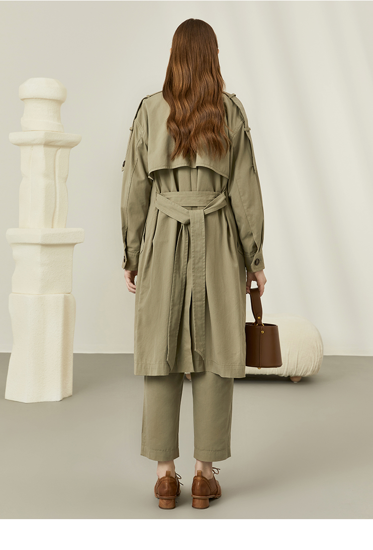 ein言新品纯色气质挺括女风衣长外套 橄榄绿 s【图片 价格 品牌 报价