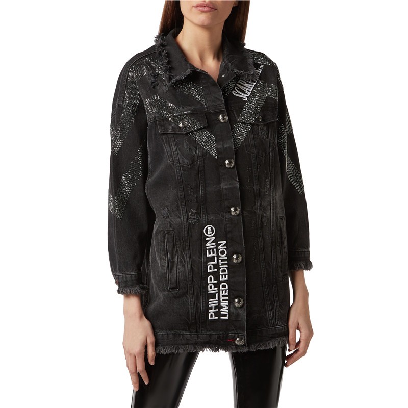 philipp plein菲利普普兰女士牛仔夹克黑色疤面煞星印花 l【图片 价格